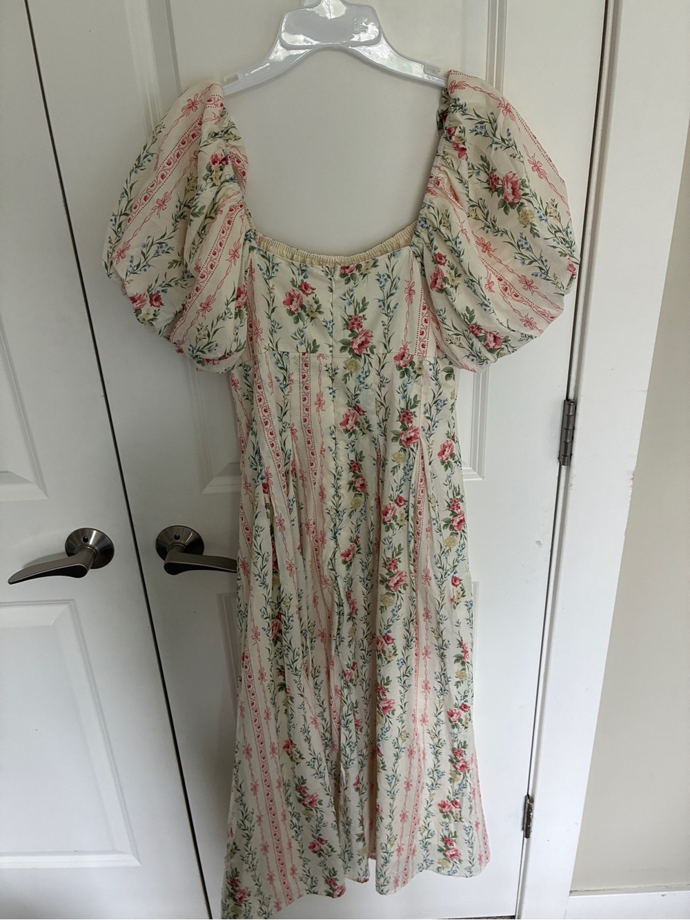 NWT 100% cotton Storia Cream and Pink Floral Puff-Sleeve Midi Dress - Picture 11 of 11